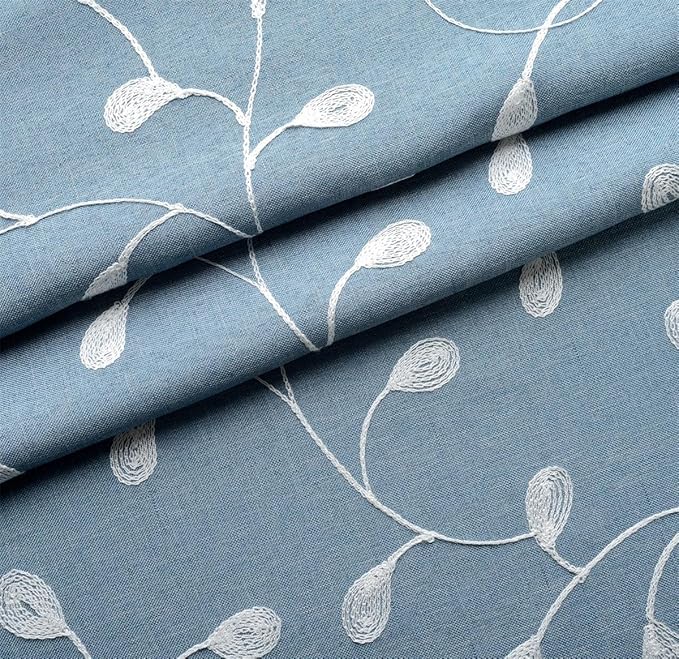 MIUCO Floral Embroidery Semi Sheer Curtains Faux Linen Grommet Curtains for Bedroom 52 x 63 Inch 2 Panels, Dusty Blue