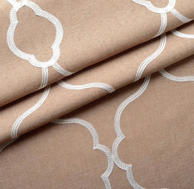 MIUCO Moroccan Embroidery Semi Sheers Curtain Faux Linen Grommet Window Curtains for Office 52 x 95 Inch 2 Panels, Taupe