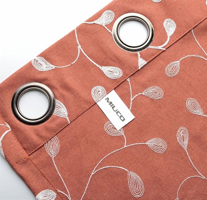 MIUCO Floral Embroidered Semi Sheer Curtains Faux Linen Extra Wide Grommet Window Panel Pair for Bedroom 52 x 95 Inch, Rust