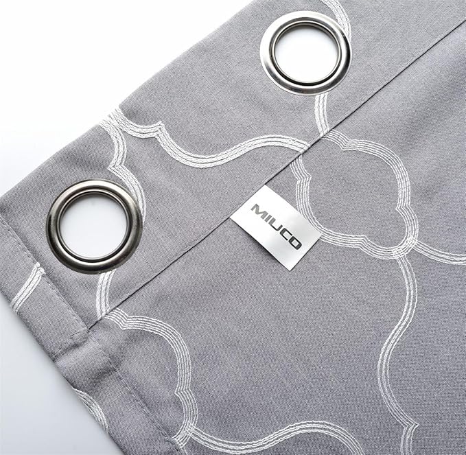 MIUCO Moroccan Embroidery Semi Sheer Curtains Faux Linen Grommet Curtains for Bedroom 52 x 63 Inch 2 Panels, Grey