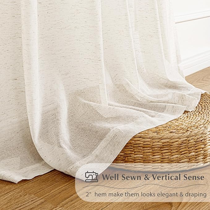 FMFUNCTEX Linen Sheer Pinch Pleated Curtains for Bedroom, Linen Flax Beige 72 Inches Long Sheer Curtain See Through Panels for Living Room, Natural Window Drapes for Farmhouse, Rod Pocket 2 Panels