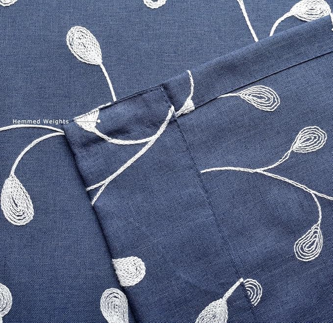 MIUCO Floral Embroidered Semi Sheer Curtains Faux Linen Grommet Curtains for Bedroom 52 x 84 Inch 2 Panels, Navy Blue