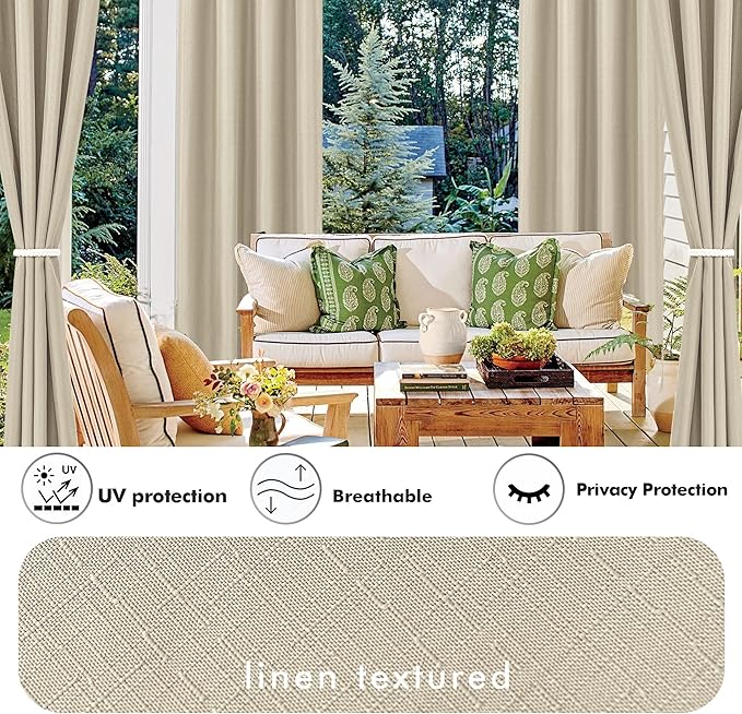 HolidayIdeas 4 Panels Linen Outdoor Curtains for Patio Waterproof Cream Outside Curtains 120 inch Long-Indoor/Outdoor Gazebo Curtains Weatherproof, Privacy for Pergola, Porch, Cabana 54"x120"