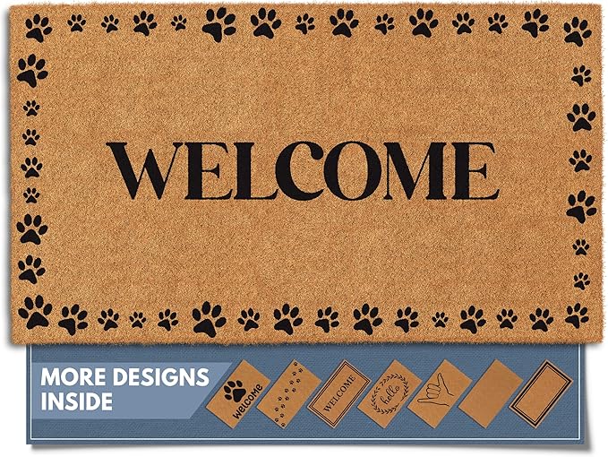 Barnyard Designs Natural Coco Coir Heavy Duty Backing Doormat - Large Cute Non-Slip Front Door Welcome Mat for Outside Entrance or Porch Entry, Brown (17x30, Welcome Paws)