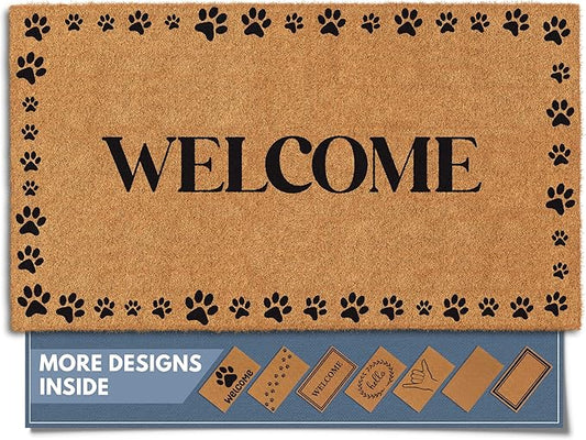 Barnyard Designs Natural Coco Coir Heavy Duty Backing Doormat - Large Cute Non-Slip Front Door Welcome Mat for Outside Entrance or Porch Entry, Brown (17x30, Welcome Paws)